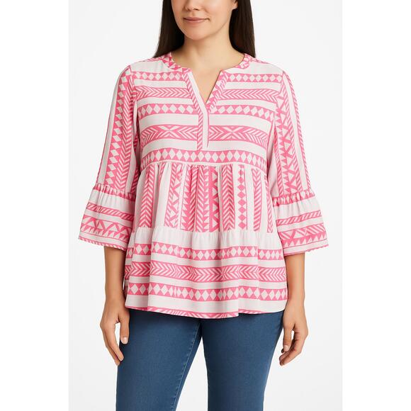 Crown And Ivy Pink White Aztec Geometric Split Neck Bell Sleeve Tunic Large‎ - Picture 1 of 10